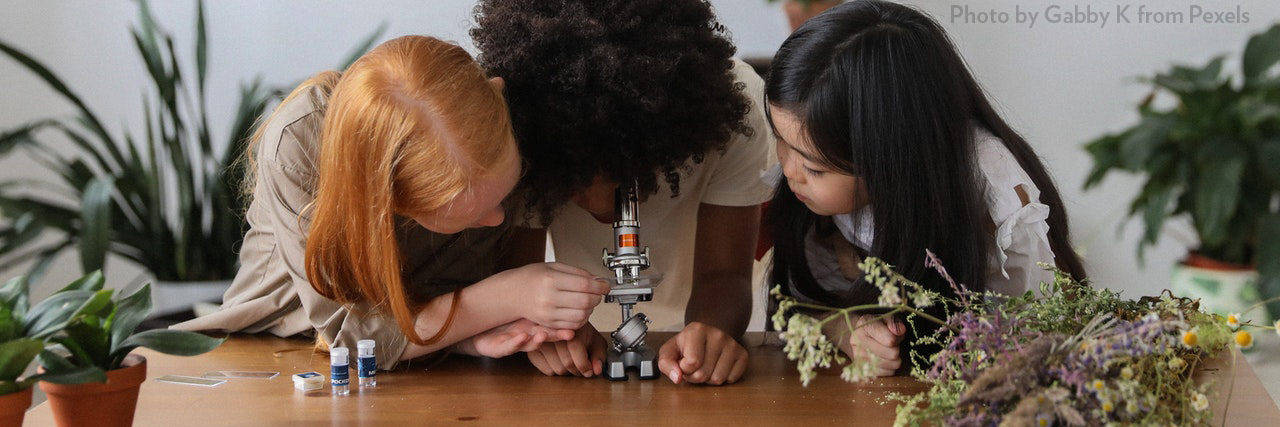 One student leans over a table and looks at a small microscope, while two other students lean next to her, watching. 