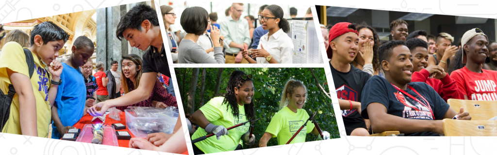 Collage showing college students engaging in learning activities: teaching science to kids, presenting a research poster, sitting in a classroom, and volunteering outdoors.