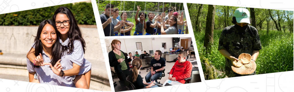 Collage showing college students engaging in campus activities: one friend giving another a piggyback ride, a group doing a ropes course, a professor talking to students, and a student holding a mushroom in the woods.