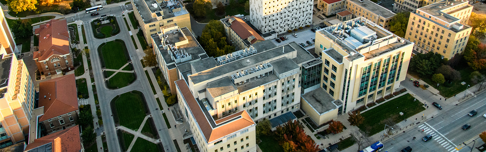An aerial photo of Henry Mall and nearby buildings on the UW–Madison campus.