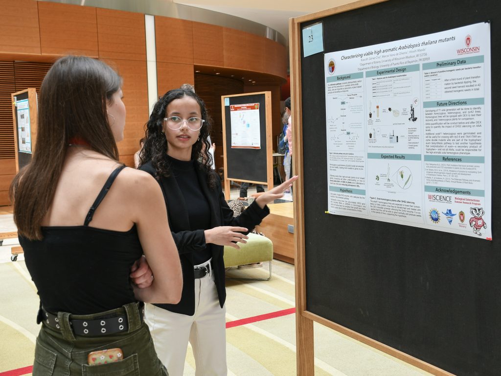 A student stands in front of a research poster, gesturing towards it while speaking to another student, who stands with her back to us. 