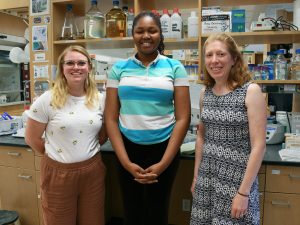Three women stand together smiling in front of a lab bench: Katie Henzler-Wildman, lab PI, summer research student Danielle Amaegbo, and grad student Andrea Killian Wegrzynowicz.
