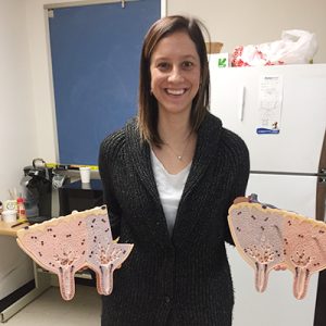 Laura Hernandez in a lab holding a model of the inside of a cow udder in each hand.
