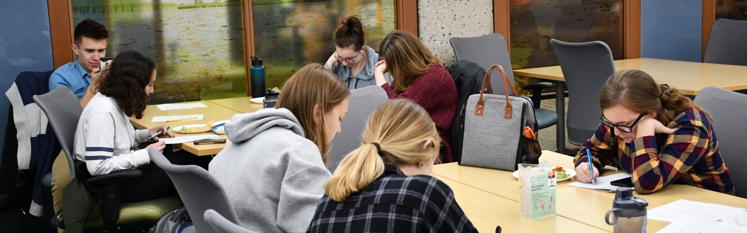 Seven students sit at two large tables while working on projects.