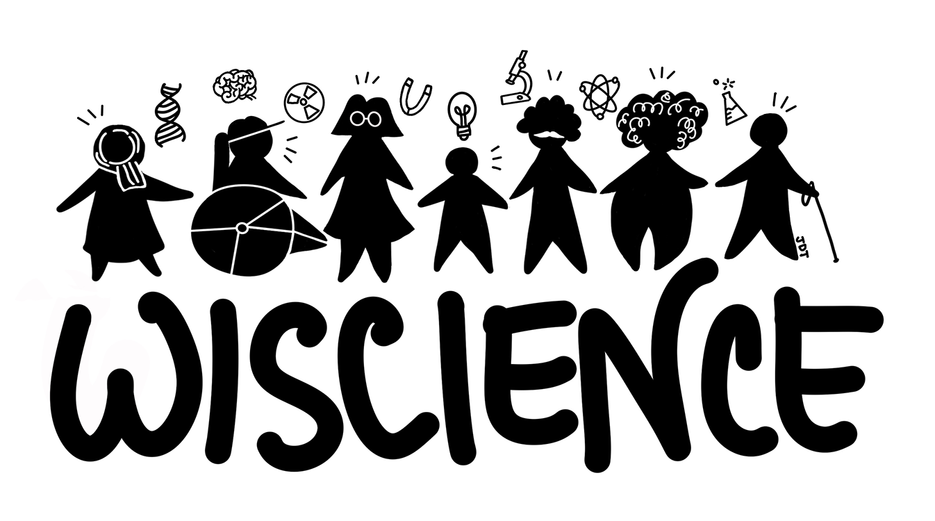 Black and white sticker design with stick figure drawings of people in various shapes and sizes plus science imagery and the word "WISCIENCE."