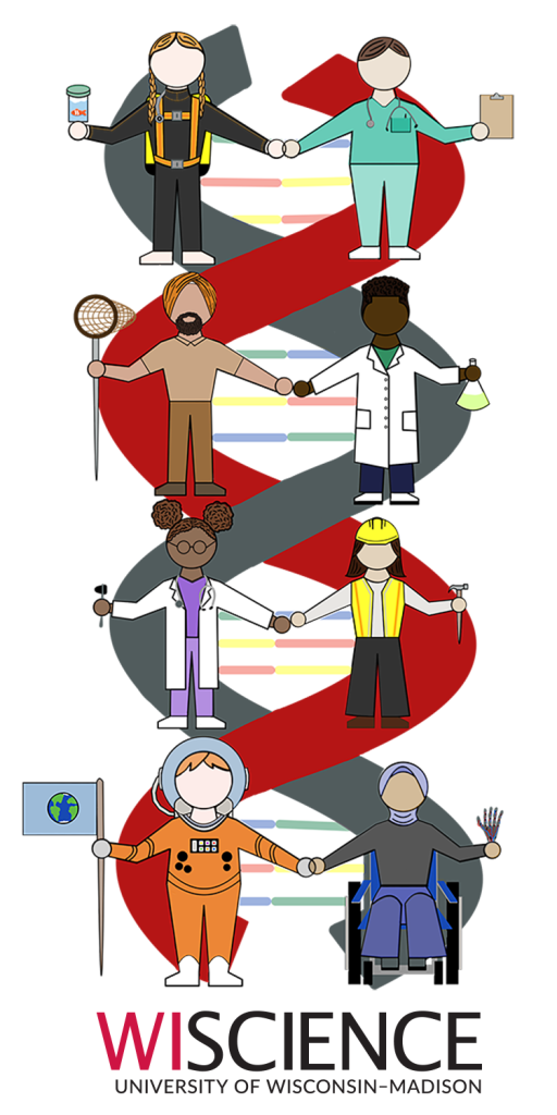 Full-color sticker design with a DNA helix in the background; superimposed over it are people outfitted for various scientific professions holding hands.