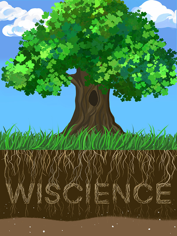 A sticker design depicting a large, leafy tree with puffy clouds in the background. Grass grows beneath the tree, and below the ground, the roots of the grass grow downward and spell out "WISCIENCE."