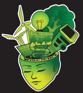 A sticker design in shades of green depicting a person's head with eyes closed and symbols of sustainable technology coming out of the top, including windmills, solar panels, a bus, a lightbulb, a tree, and a hyrdoponic garden, plus the word "WISCIENCE."