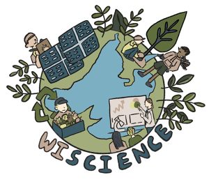 A sticker design depicting people taking sustainable actions among sprouting plants while standing on a blue and green globe. The word "WISCIENCE" curves around the bottom of the globe.