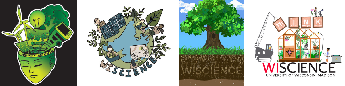 Collage of 4 sticker designs that include imagery related to sustainability in science.