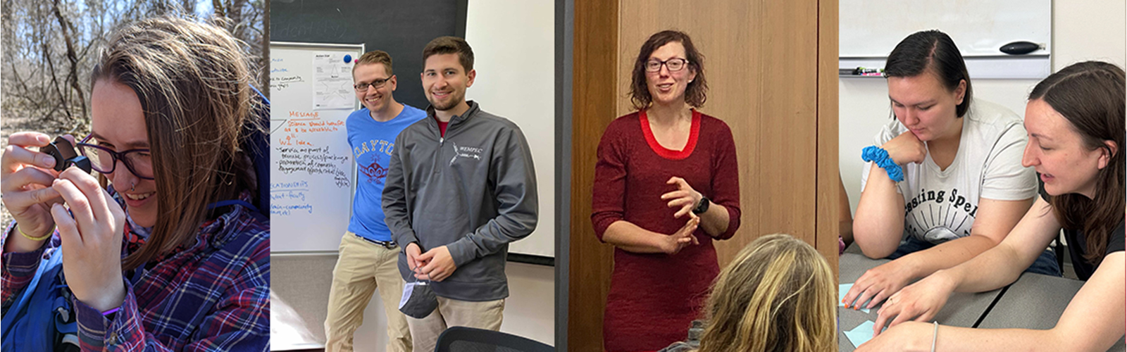 Collage of 4 photos showing Public Service Fellows at work: outside doing fieldwork, standing by a classroom whiteboard, giving a presentation, and working on a group project in class. 