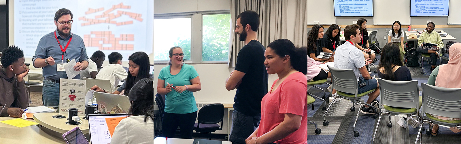 Collage of 3 photos: two show Fellows teaching a class, and one shows Fellows working together in a seminar.