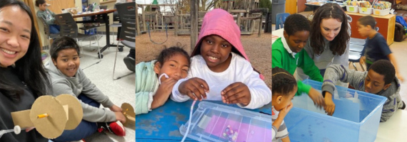 Collage of 3 photos showing INTEGSCI 240 students interacting with elementary school students in science clubs.