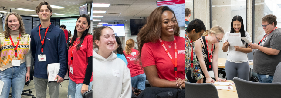 Collage of 3 photos showing Peer Leaders interacting with fellow students.