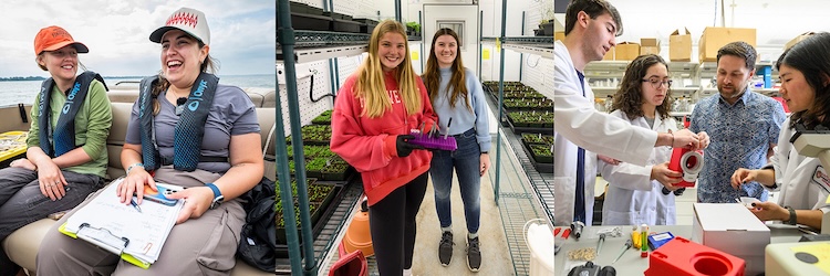 Collage of 3 photos: two students doing field work on a boat, 2 students in a greenhouse, and several students with a faculty member in a lab.