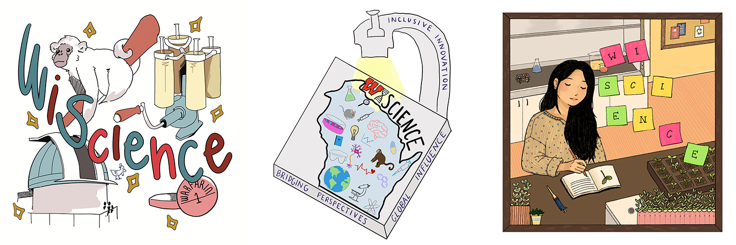 Collage of the 3 winning designs for the 2025 WISCIENCE Sticker Contest.