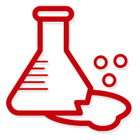 Graphic of a broken flask with liquid and bubbles coming out. 