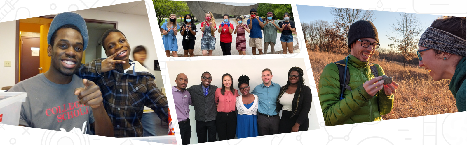 Collage showing college students engaging in campus activities: working with a K12 student, standing together with friends, and showing a rock to a friend.
