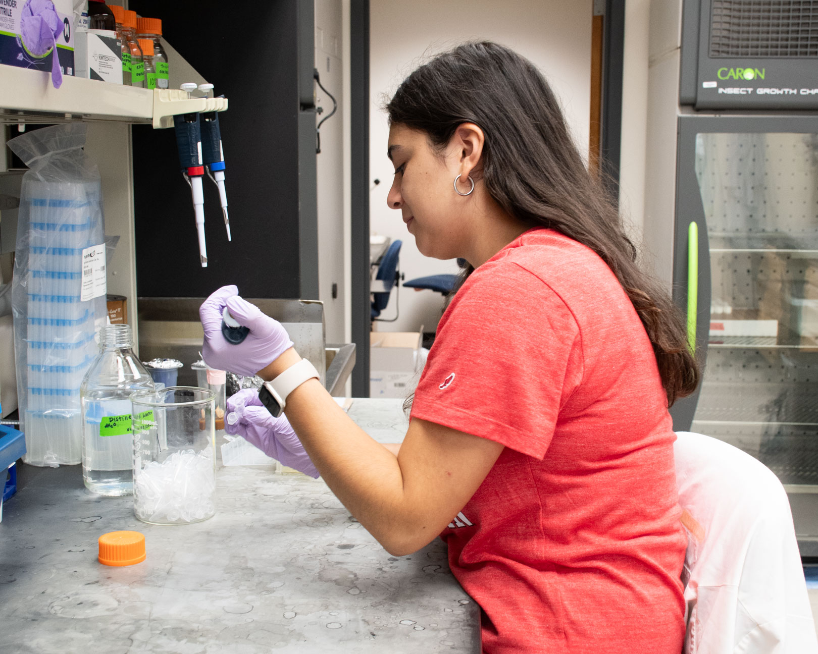 A student wearing a red shirt and purple gloves uses a pipette in a lab.